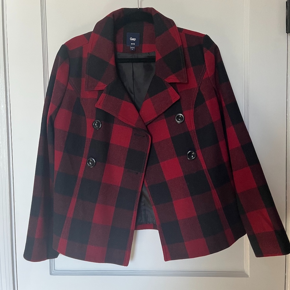 GAP Red and Black Plaid Double-Breasted Pea Coat